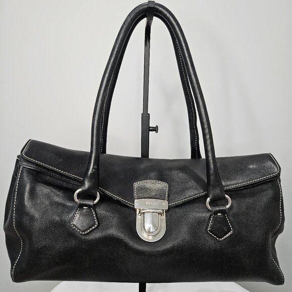 Prada Fold Over Top Handle Black Leather Purse - Picture 1 of 16